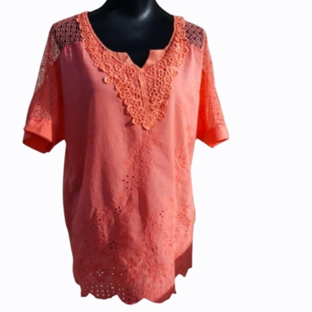 Coral Embroidery Cutwork Eyelet Cotton Top (2XL, but Fits Smaller)
